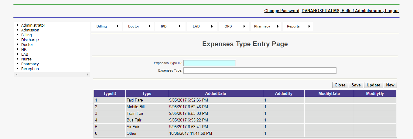 DVNA Hospital Management Software Expenses Type Entry Page